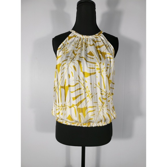 Joie Halter Top Smocked Waist Sleeveless Blouse Yellow Leaf Print Size S - Picture 1 of 11